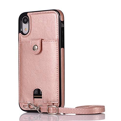 Funda para iPhone XR con Cuerda, Carcasa Cuero Premium PU Suave Case con Correa Colgante Ajustable Collar Correa de Cuello Cadena Cordón Ranuras para Tarjetas Anti-Choque Case, Oro Rosa