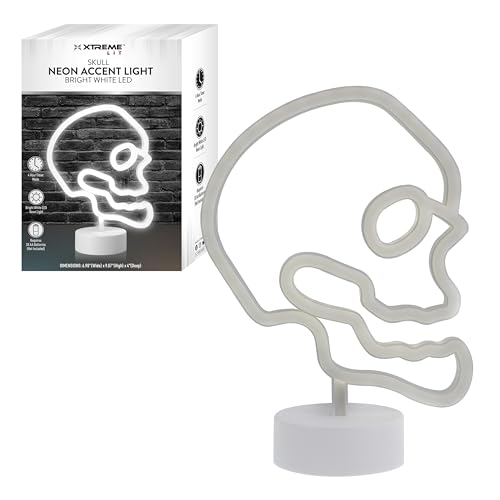 Image of Xtreme Skull Neon Sign, White LED Skull Tabletop Sign with Holder Base, Battery Powered, 4 Hour Timer, Desktop Decor for Boys, Night Light for Boys Room, Christmas or Birthday Gift for Boys