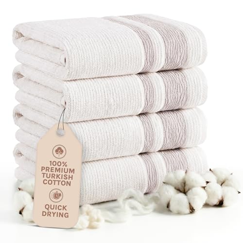 Arconiz Toallas de baño de lujo – Juego de toallas de baño de algodón turco extra grande con calidad de hotel y spa, ultra suavidad y durabilidad, color crema / carmelo, juego de 4
