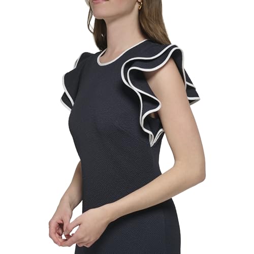 Image of Tommy Hilfiger Women's Sleeveless Ruffle Hem Jewel Neck Crepe Sheath Mini Dress