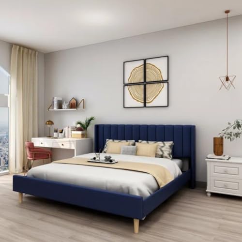 Image of Low Profile Upholstered Platform Bed with Winback Headboard | Bed King Size | Bed Without Storage | Upholstered Beds King Size | Mattress not Included | Dark Blue