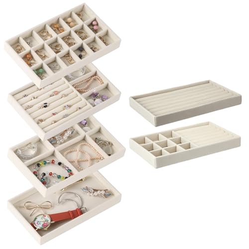 6pcs Stackable Jewelry Organizer Trays Velvet Jewelry Trays Organizer Earring Necklace Bracelet Ring Organizer Jewelry Drawer Inserts Container Display Case Storage Jewelry Storage Display Trays