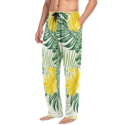 Men's Pajama Pants Yellow Hibiscus Palm Leaf Sleep Pajama Lounge Pant with Pockets, Elastic Waistband4