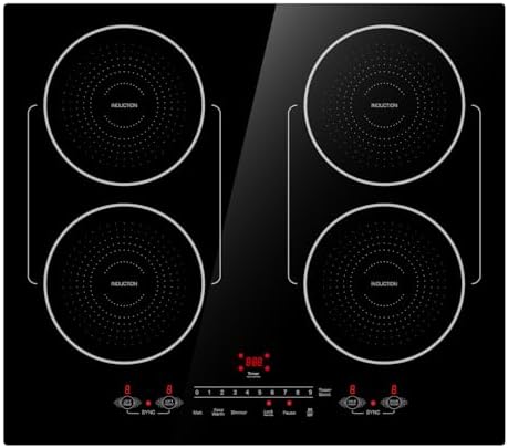 BIGoods 24 Inch Induction Cooktop 4 Burners, Flat Glass Top Electric Stove with Bridge-SYNC, 3 Preset Modes Booster, Timer, Pause, Child Lock, Drop in, 208~240V/40A, Black