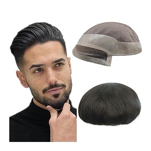 Cheveux Système de remplacement de cheveux for hommes Fine Mono avec base en poly PU Toupet for hommes Pièces de cheveux humains # 1B Noir cassé 10x8 pouces Prothèse de cheveux masculins Perruques quo