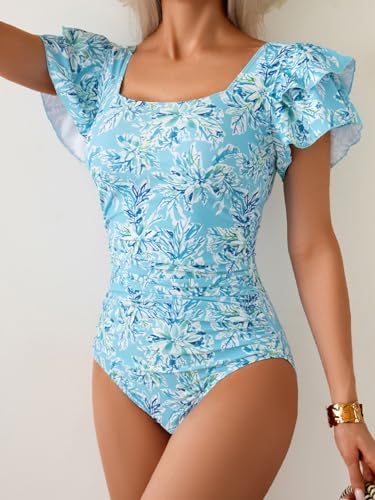 Image of Eomenie Women's Tummy Control One Piece Swimsuit Ruffle Square Neck Bathing Suit Ruched Cutout Back Slimming Swimwear