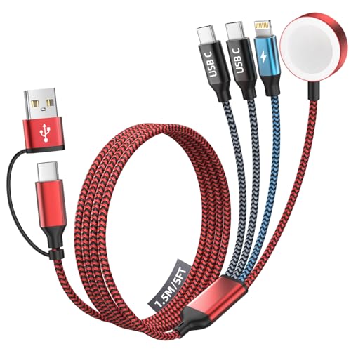 Dual Type-C Port 4in2 USB C Cable for Apple Watch Charger/iPhone 17 Charger/Lightning,Multi Charging Cable Cord for iWatch Charger,Charger for Multiple Devices Compatible with iWatch&iPhone 16-12 5FT