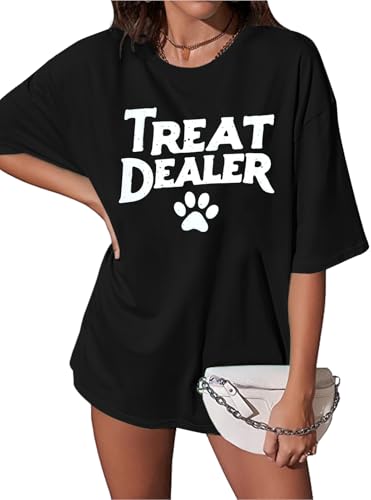 Treat Dealer Shirts for Women: Oversized Dog Mom T-Shirts Funny Dog Lover Gift Dog Paw Print Tee Casual Summer Tops Black