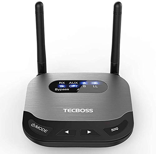 TECBOSS Long Range Bluetooth Transmitter Receiver for TV, Low Latency Wireless Audio Adapter for TV PC Home Stereo with HD & Bluetooth 5.0, Dual Link, Optical RCA AUX 3.5mm- KM20