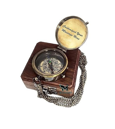 Vintage Brass Compass with Wooden Box, Chain, Engraved Lid, Nautical Theme, Antique Finish by Virtuous ANTIGUO Atelier-image-17