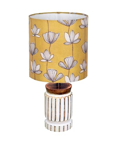 Image of Homesake Retro Farmhouse Table Lamp for Living Room Bedroom Rustic Linen Bedside Nightstand Lamps for Kids Room Study Office Wood, Carved Cylinder, (Hibiscus)