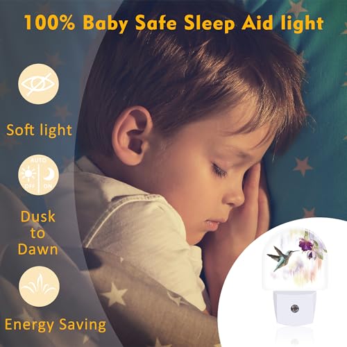 Image of Hummingbird Flowers Night Light for Kids,Groovy Cute Bird Floral Night Light Plug in with Dusk to Dawn Sensor,0.5w Energy Saving Sleep Friendly Nightlight for Hallway Stairway Kitchen Bedroom