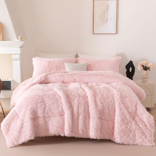 Image of Pink Fluffy Comforter Sets Full Size 3 Pieces Faux Fur Fluffy Bedding Set for Girls Warm Velvet Plush Fuzzy Bed Set for Kids Teens(Blush Pink, Full)