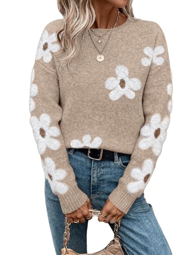 SHENHE Women's Floral Pattern Crewneck Long Sleeve Drop Shoulder Sweaters Pullover Tops