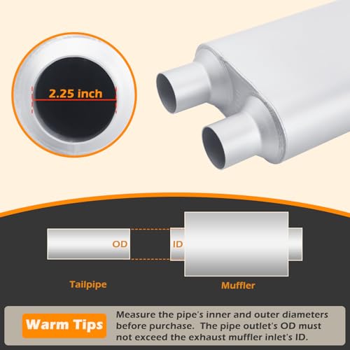 Image of A-KARCK Universal Exhaust Muffler 2.25 inch Dual Inlet 2.25 inch Dual Outlet, 23 inch Overall Length Aluminized Steel Aggressive Sound Race Muffler for Cars, Trucks