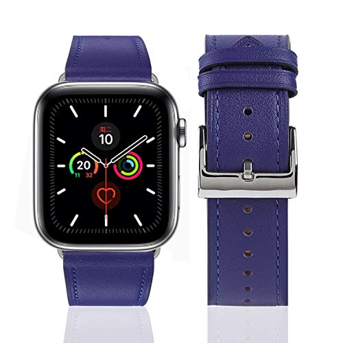 Leather Bands Compatible with Apple Watch Band 38mm 40mm 42mm 44mm, Top Grain Leather Smart Watch Band Compatible for Men Women iWatch Series6/5/4/3/2/1(Purple blue + silver buckle, 42mm 44mm)