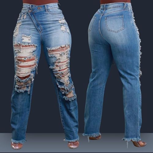 Women High Waisted Distressed Ripped Jeans Stretchy Long Denim Pants4