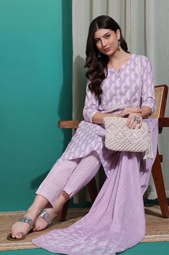 Image of MIRCHI FASHION Pure Cotton Women Straight Printed Embroidery Work Kurti Set with Dupatta and Pant