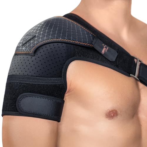 FIGHTECH Rotator Cuff Shoulder Brace for Men and Women - 2 Sizes - Shoulder Support - Pain Relief - Copper Black - Large - Fits Most Men - Bicep 12-17