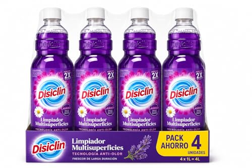 Disiclin Limpiador Multisuperficies Lavanda Pack 4 x 1L – Limpiador Multiusos con Tecnología Anti-Olor – Perfume 2X Más Duradero – Limpieza y Frescor de Larga Duración – 4 Litros