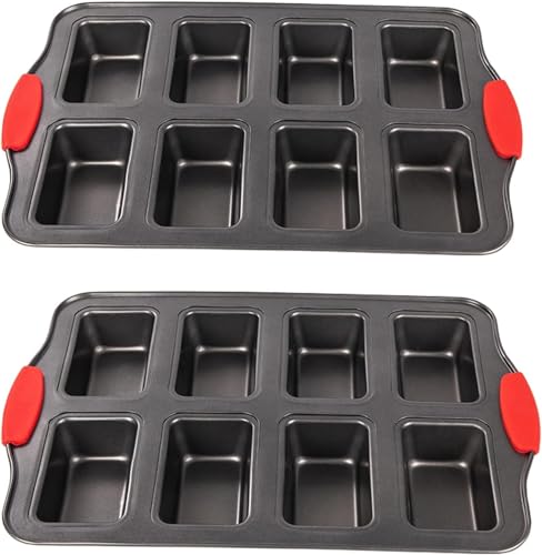 Tlczrva 2 Packs 8 Cavity Non-Stock Mini Loaf Pan with Silicone Handle Mini Bread Loaf Baking Pan Mini Brownie Pan Cheesecake Mould Rectangular Bar