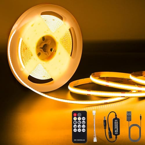Amdelne COB LED Strip Lights 5m, Dimmable 24V LED Strip Kit with RF Remote and UKCA Power Supply, Super Bright Dotless LED Tape Light CRI90+ for DIY Home Decoration, 1600 LEDs, 8mm Width, Warm White.