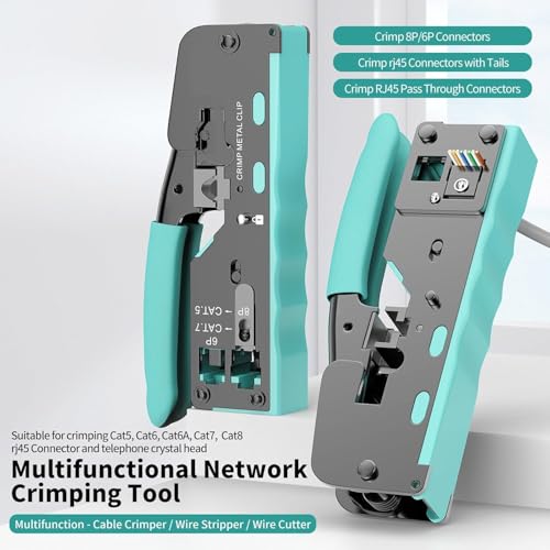 Image of XIKKART RJ45 Crimping Tool Kit, Passthrough Cat7 Cat6A Cat6 Cat5E Cat5 RJ45 Ethernet Crimp Tool with 10PCS Cat7 Pass Through Connectors 10PCS Cat6 Pass Through Connectors 10PCS Covers 1 Network Tester