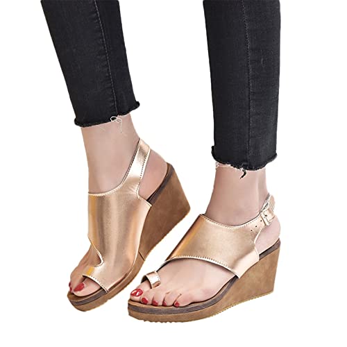 Riyueyi Sandalias de Mujer Verano 2022 Zapatos Femeninos Mujer Peep-Toe Wedge Sandalias cómodas Sandalias Planas Sandalias Femeninas de Talla Grande,Oro Cover