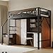 Kinderbett Etagenbett 90x200, Hochbett Hausbett mit Fenster&Treppe&Aufbewahrungsschrank, Metallbett Funktionsbett Einzelbett Jugendbett Spielbett mit Rausfallschutz&Lattenrost, Ohne Matratze, Schwarz