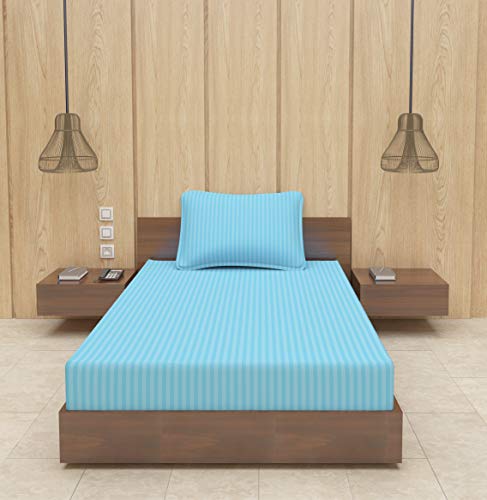 Image of BEVI - Home Premium Self Striped Single Bedsheet with 1 Pillow Cover 300 TC Ultra-Soft 300 TC Microfiber Bed Sheet| Size (60 inch x 90 inch) Light Blue