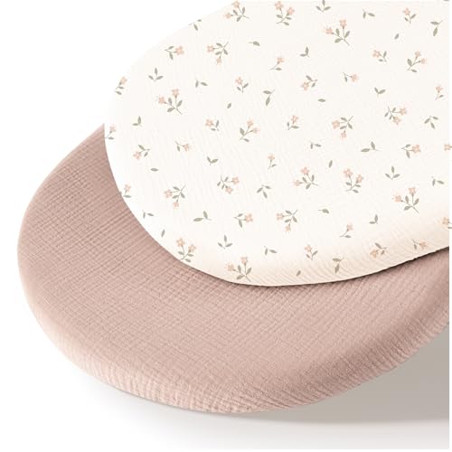 Image of MairMore Muslin Bassinet Sheets for Babies – Soft & Breathable 100% Cotton Fitted Sheets for Oval, Rectangle, Hourglass Bassinet Mattress Pads, 2-Pack (Ivory & Pink)