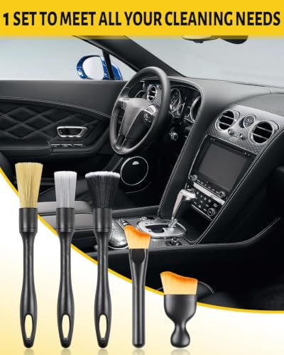 Image of Caianwin 5pcs Car Cleaning Brush Set, Ultra Soft Hair Car Dust Sweeping Soft Bristle Brush, Boars Car Detailing brushes, Microfiber Car Interior Brush for Cleaning Interior /Exterior of Car