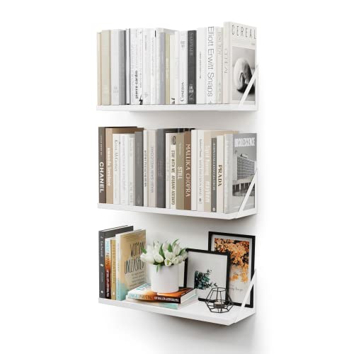 CASSA Wall Mounted Floating Book Shelves for Wall Set of 3, White Shelf Bookshelf for Bedroom Living Room Office Bathroom Kitchen Rustic Wood with Metal Bracket