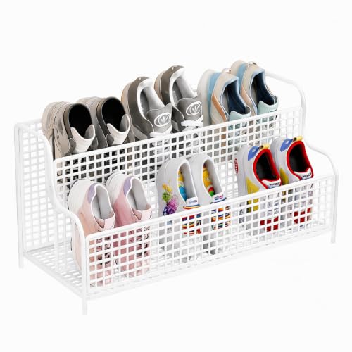 Morvexa Schuhregal Kinder 2 Ebenen Weiß, Platzsparende Schuhaufbewahrung für Kinderschuhe Studentenwohnheim Schlafzimmer Schrank Bettunterseite Tisch, Offenes Regal für Kleine Schuhe Hausschuhe