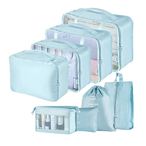 Image of Travel Packing Cubes, Toifucos Multifunction 8pcs /set Luggage Organiser Compression Suitcase Essential Bag, Blue