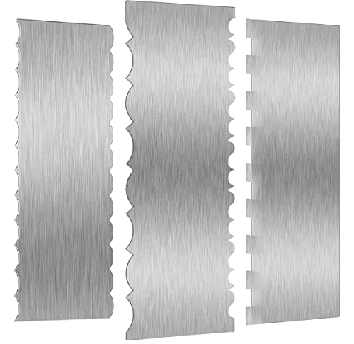 3 Pieces Stainless Steel Cake Scraper Cake Decorating Tools Edge Side Jagged Wave Double Sided Patterned Comb Metal Cake Carving Smoothing Mousse Butter Cream Pastry