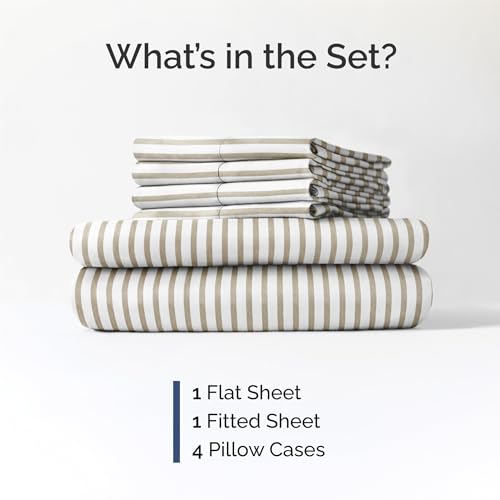 Image of King 6 Piece Bed Sheet Set - Breathable & Cooling Sheets - Beige Stripes | Ultra Soft Hotel Luxury Bedding Set w / 8-16 Inch Deep Pockets - 1 Flat & 1 Fitted Sheet & 4 Pillowcases - Wrinkle & Fade Free