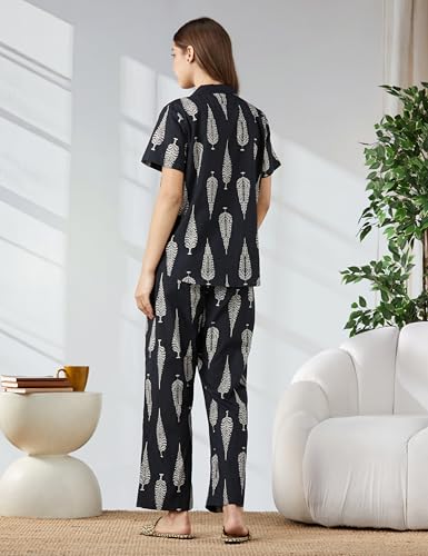 Image of Amazon Brand - Myx Women Cotton Shirt and Relaxed Pajama Set | Night Suit Set (Available in Plus Sizes)