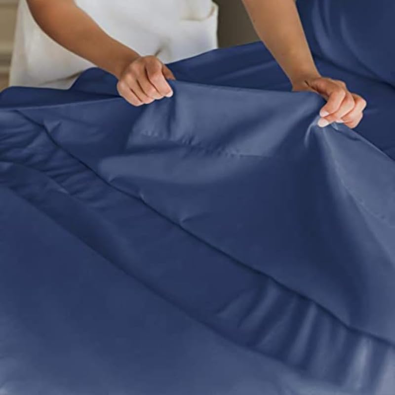 Image of Single Size Bedsheets for Single Bed 600 TC - Cotton Elastic Fitted Sheet (36 x 72 Inches) with 10 Inch Drop- Color Navy Solid [ Fitted Sheet with 2 Pillow Cover]