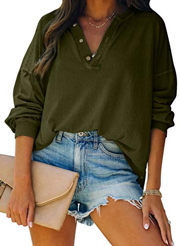 Paitluc Women's Casual Long Sleeve Pullover Tops Lightweight Sweatshirt Green Size L
