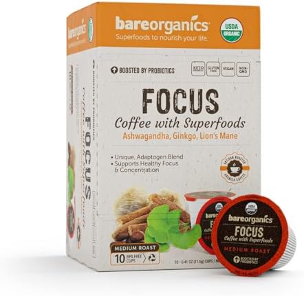 Focus Coffee with Superfoods - Organic Probiotic Mushroom Coffee Pods, Supports Healthy Focus & Digestion, Infused with Ashwagandha, Lion's Mane, and Cinnamon - 10 Recyclable Single Serve K-Cups