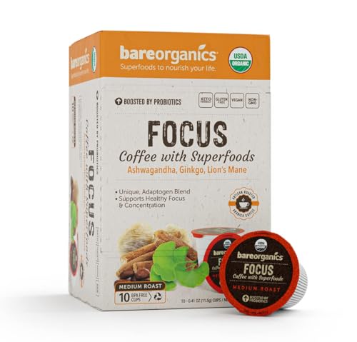 Focus Coffee with Superfoods - Organic Probiotic Mushroom Coffee Pods, Supports Healthy Focus & Digestion, Infused with Ashwagandha, Lion's Mane, and Cinnamon - 10 Recyclable Single Serve K-Cups