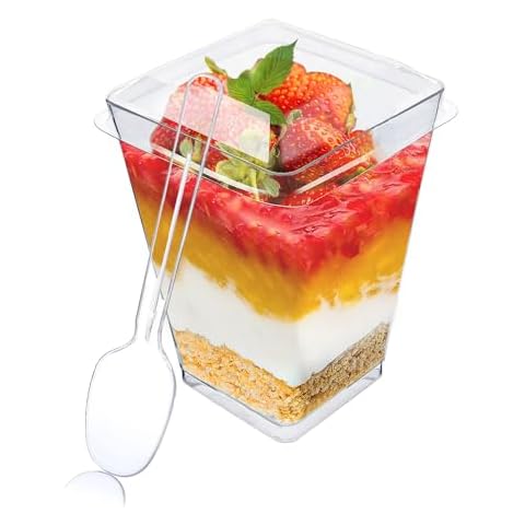 DONEUS 100 Pack 5 oz Plastic Dessert Cups with Lids and Spoons, Disposable Mini Dessert Shooter Cups for Party, Clear Yogurt Appetizer Cups Square Plastic Cups for Pudding, Fruit and Ice Cream Cover
