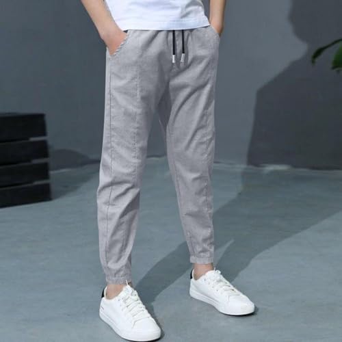 Linen Pants for Boys 2-Piece Kids Baggy Straight Leg Sweatpants Casual Cuffed Ankles Drawstring Jogger with Pockets4