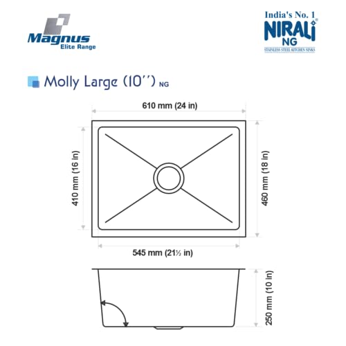 Image of NIRALI Kitchen Sink 24 inch x 18 inch x 10 inch Square 304 Stainless Steel | Single bowl Sink Round Coupling | Rust & Stain Resistant | Matt Finish | Minimizes Sound Molly Square Sink (Molly - 24 inchx18 inchx10 inch)