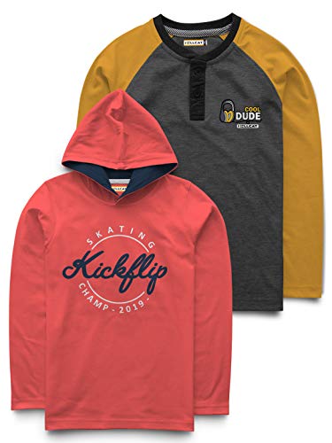 Image of HELLCAT Boys Printed Henley Neck & Hooded Cotton tshirt - Pack of 2