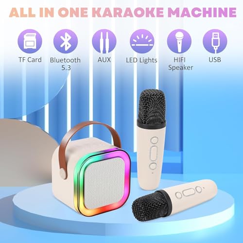 Image of Kids Karaoke Speaker with Wireless Microphone | Portable Bluetooth Singing Machine with LED Lights | Mini Rechargeable Karaoke System for Boys & Girls (2 Mic, Beige)