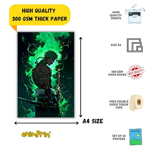 Image of Anime Posters, Set of 10 Mix Anime posters for wall, Self Adhesive, A4 Size |Posters For Gaming Room, Various characters
