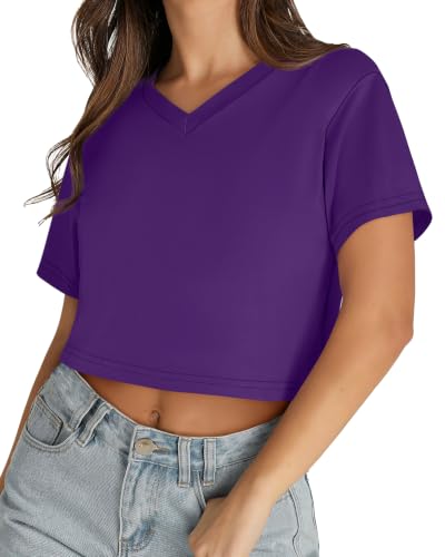 Image of Womens Crop Tops Short Sleeve V Neck Summer Cropped T Shirts Baisc Tees