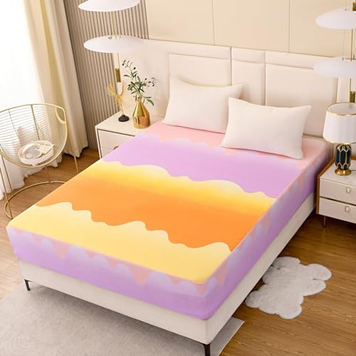Image of Bedding Fitted Sheet with Deep Pocket,Thicken Printed Fabric Bed Sheets (Orange, Queen)